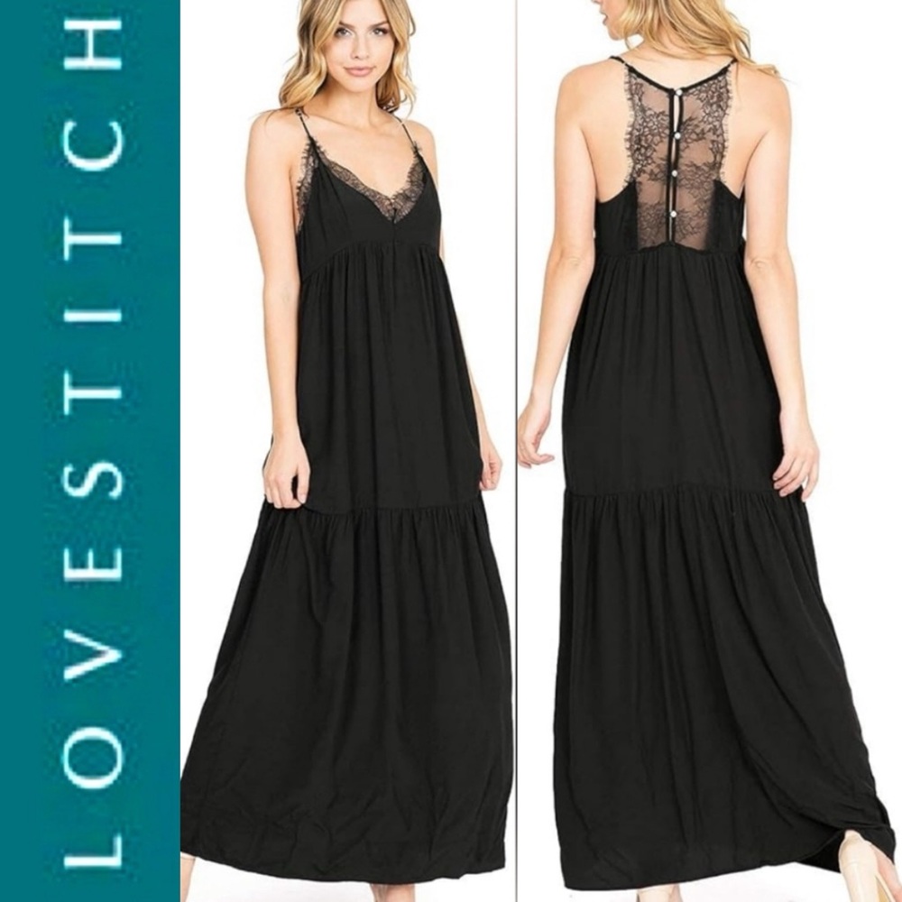 Lovestitch Black Lace Spaghetti Strap Tiered Maxi Dress